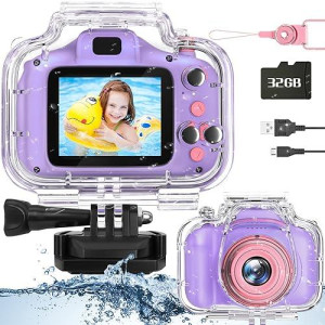 Miiulodi Kids Waterproof Camera - Birthday Gifts For 3 4 5 6 7 8 9 10 Year Old Girls 2 Inch Ips Screen Underwater Action Camera With 32 Gb Sd Card, Pool Toys For Kids Age 8-12 Pink