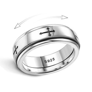 Milacolato 925 Sterling Silver Anxiety Ring For Women Men Platinum Plated Sterling Silver Band Fidget Ring Cross Spinner Ring Stress Anxiety Relief Item, Size 6