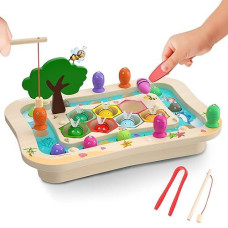 Smilebank Wooden Montessori Toys For 2 3 4 Year Old, Toddler Toys Educational Learning Toys Magnetic Fishing Game Bee Color Sorting Fine Motor Skills Toys Gifts For 2 3 4 Year Old Boys Girls
