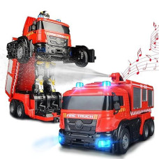 Doahurry Fire Truck Car Transforming Robot Car Fire Rescue Toy Rc Truck Transport Car For Age 4-12, Toy Fire Engine Remote Control Play Vehicle For Kid Boys Thanksgiving Birthday