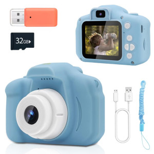Yue3000 Kids Camera, Front And Rear Camera Digital Cameras For Boys And Girls Gift Age 3-9, 20 -Inch Screen,1080P Video With 32Gb Sd Card-Blue