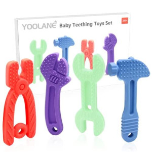Yoolane Baby Teething Toys For Babies 0-6 Months 6-12 Months Tool Set Silicone Teether Molar Chew Toys For Toddler Infant Boy And Girl, Bpa Free Freezable Dishwasher And Refrigerator Safe, 4 Pack