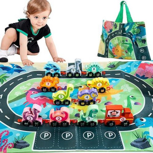 Hellowood Dinosaur Toys For Toddlers Age 2-4, Wooden Dinosaur Train Set With Playmat/Storage Bag, Montessori Educational Toys For 2+ Years Old Boys & Girls