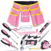 Rexbeti 18Pcs Pink Young Builder'S Tool Set With Real Hand Tools, Reinforced Kids Tool Belt, Waist 20"-32", Kids Learning Tool Kit For Home Diy And Woodworking