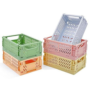 5-Pack Pastel Crates For Desk Organizers, Mini Plastic Baskets For Office Organization, Aesthetic Crate Stacking Folding Storage Baskets For Home Kitchen Bedroom Decor (59 X 38)