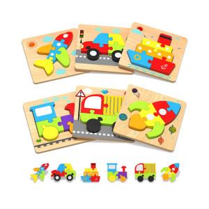 Yetonamr Wooden Toddler Puzzles Gifts Toys For 1 2 3 Years Old Boys Girls, 6 Vehicle Shape Montessori Toys Educational Blocks Stocking Stuffers Kids Toys Gift Baby Learning Toy Age 1-3, 2-4