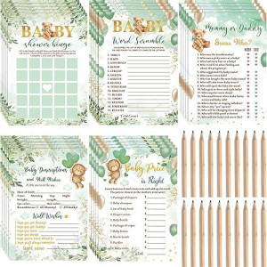 125 Pcs Bear Baby Shower Games For Boy Girl 5 Game Activities Bear Cards With 20 Pencils Includes Baby Bingo Guess Who Baby Price Is Right Description Word Scramble Game(Green)