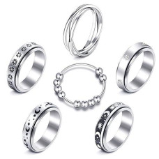 Mucal Fidget Rings For Anxiety 8Pcs Stainless Steel Spinner Ring Anti Spinning Moon Star Cool Stress Relieveing Women Men
