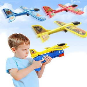 Kids Toys Airplane Toys With Launcher - 3 Pack Foam Plane Toys Include 3 Sets Of Dinosaur Themed Diy Stickers - Fun Outdoor Toys Shooting Game - Birthday Gift Toys For 3 4 5 6 7 8 Years Old Boys Girls
