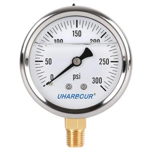 Uharbour Glycerin Filled Pressure Gauge With 304 Stainless Steel Case, 25 Dial Size, 0-300Psi, High Accuracy, 14Npt Center Lower Mount With Single Scale (Psi)A