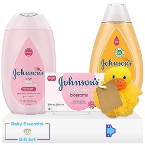 Johnson'S Baby Essentials Gift Set, 4 Piece Newborn Baby Essentials Set Includes Baby Shampoo, Baby Lotion, Baby Soap, Pink Poof, For Baby Shower, Baby Bath Time & Skin Care