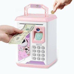 Acocoki Kids Electronic Piggy Bank, Mini Atm Piggy Bank For Real Money, Piggy Bank For Boys Girls Toy, Auto Scroll Paper Money Saving Box With Face & Fingerprint Recognition, Password, Lock(Pink)
