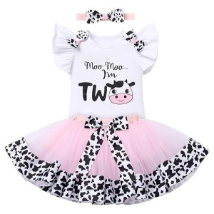 Cow Second Birthday Girl Outfit Toddler Romper Cow Tutu Skirt Headband Cake Smash Photoshoot Baby Cows Print My 2Nd Birthday Outfit Farm Animals Cow Birthday Party Supplies Moo Moo I'M Two Pink 2 Year