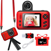 Kids Digital Camera With Flip Lens, Best Kids Camera Toddler Toys Gifts For 3 4 5 6 7 8 9 Year Old Boys And Girls, Hd Digital Video Cameras For Toddler, Portable Selfie Camera With 32Gb Sd Card Red