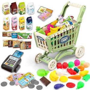 Deao Kids Shopping Cart Trolley For Groceries Toddlers 65 Food Fruit Vegetables Pretend Play Food Role Play Educational Toy Play Kitchen Toys Store Playset (Green)
