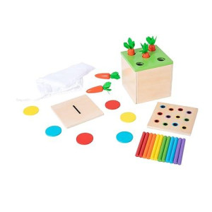 Montessori Toddler Play Kit Montessori Box Toys For 1 Year Old 2 Years Baby Learning Toys Gift Carrot Harvest Game, Matchstick Color Drop Game And Coin Box (3-For-1)