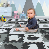 Yostrong 18 Tiles Interlocking Animal Puzzle Foam Baby Play Mat With Straight Edges For Playing - Rubber Eva Babies Crawling Mats For Floor. White, Black, Gray. Yop-51(Adl) B18S18