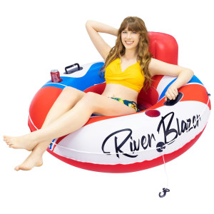 Sunlite Sports River Raft Inflatable 53 Inch, Water Float To Lounge Above Lake And River, Outdoor Water Tube Sport Fun, Recreational Use, Two Grip Handles, Cup Holder, Grab Rope (Americana)
