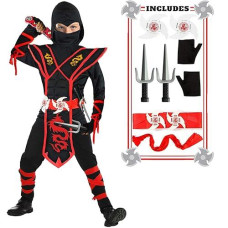 Satkull Halloween Ninja Costumes Kids Ninja Cosplay Costume Set Boys Deluxe Ninja Costume For Halloween Parties Gift(Kids-L-8/9T Red)