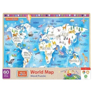 Masterpieces 60 Piece Jigsaw Puzzle For Kids - Hello, World World Map Wood Puzzle - 11.75"X16.5"
