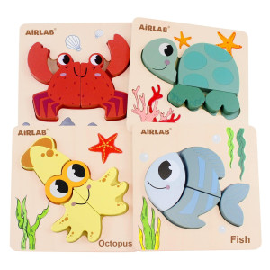 Wooden Puzzles For Toddlers Ocean Animals Montessori Toys Year Old Baby Girl Boy Gifts Educational Learning Bright Color Chunky Shape Puzzle Pack Of 4