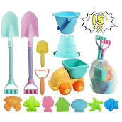 Iokuki Long Shovels Sand Toys Set With Mesh Bag Including Dump Truck, Beach Buckets, Shovels, Rakes, Molds, Outdoor Beach Toys Tool Kit For Kids, Toddlers, Boys And Girls (15 Pcs) Age 3+