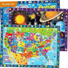 Quokka 100 Piece Puzzles For Kids Ages 4-6 - 3 Pack Floor Puzzles For Kids 8-10 Year Old - Learning Games World Map & Space 5-7 - United States Educational Puzzles For Toddlers 3-5