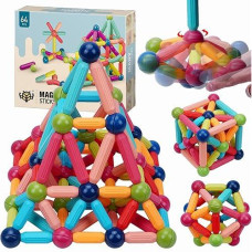 fengyang Magnetic Balls and Rods Set,64 PCS Magnetic Balls and Rods Building Sticks Blocks Set Vibrant Colors Different Sizes Curved Shapes Children Educational Stacking STEM Toys for 3+