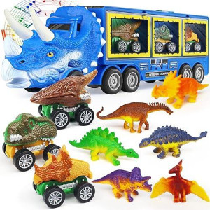 Dinosaur Toys For Kids 3-7, Dinosaur Transport Truck For Boys With Roar & Music Button And Slide, 11 Pack Friction Truck Toy Include 3 Pull Back Dinosaur Cars And 6 Dino Figures, Gift For Children