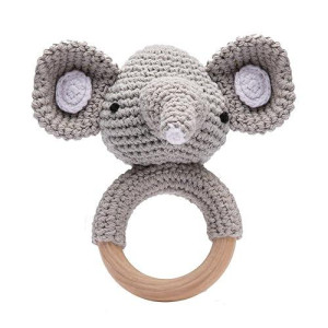 Youuys Wooden Baby Rattle Toys -Rattle Easy Grasp Handmade Crochet Cute Wood Newborn Chew Toys For Infant Baby, Elephant