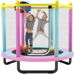 60 Trampoline For Kids, 5Ft For Indoor Outdoor With Enclosure Net For Baby Toddler With Basketball Hoop, Recreational Birthday Gifts For Children(Pink)