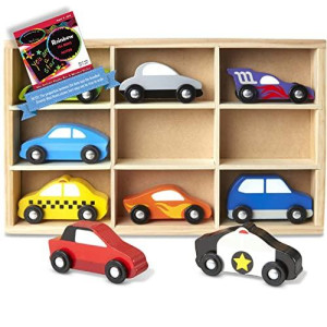 Melissa & Doug? Wooden 9-Piece Cars Set Bundle With 1 Theme Compatible M&D Scratch Fun Mini-Pad (03178)