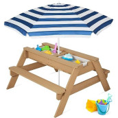 Best Choice Products Kids 3-In-1 Sand & Water Table, Wood Outdoor Convertible Picnic Table W/Umbrella, 2 Trays, Removable Top - Navy