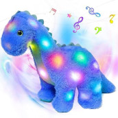 Hopearl Led Musical Stuffed Dinosaur Light Up Singing Diplodocus Soft Plush Toy With Long Neck Adjustable Volume Lullaby Animated Soothe Gifts For Kids Toddlers, Blue, 16''