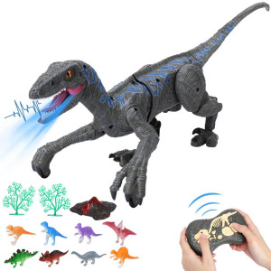 Remote Control Dinosaur Toys For Kids ,Walking Roaring Velociraptor, 2.4Ghz Electronic Realistic Rc Dinosaur With 3D Eyes & Light & Roaring Sounds,Dinosaur Toys For Boys Girls Age 4 5 6 7 8-12 (Gray)
