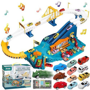 Juqic Car Playset Toy Ramp Track Set Model Vehicles Racer Cars Play Set With 8 Mini Racer Cars And 4 Dinosaur Cars Track For Preschool Boys Gifts For Kids Ages 3 Years Or Older Children (City Highway)
