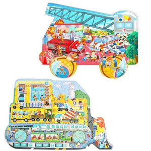 Gayisic Puzzles For Kids Ages 4-8, 8-10,100 Piece Puzzles For Kids Fire Truck & Bulldozer Shaped Construction Vehicle Jigsaw Puzzles For Boys Gilrs Learning Educational Gift