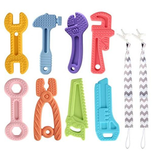 Yinghezu 8 Pack Chew Baby Teething Toys For 0-12 Months, Freezable Bpa Free Silicone Baby Molar Teether Chew Toys, Hammer Wrench Spanner Pliers Hand Saw Shape Baby Girl'S Boy Car Seat Toy
