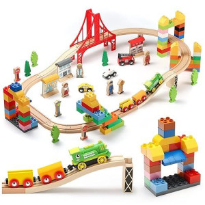 Sainsmart Jr. Wooden Train Set 115Pcs With Motorized Train And Fun Blocks, Toddler Wood Train Track With Multiple Features Fits Brio, Thomas, Melissa And Doug For 3 4 5 Years Old Boys And Girls