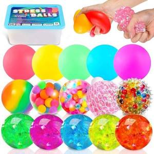 Sensory Stress Balls - 15 Pack - Stress Balls Fidget Toys For Kids And Adults - Sensory Squishy Balls Set, Anxiety Relief Calming Tool - Fidget Stress Toys For Autism & Add/Adhd