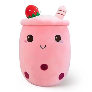 Ditucu Cute Boba Tea Plush Stuffed Bubble Tea Plushie Cartoon Soft Strawberry Milk Tea Cup Pillow Home Hugging Gift For Kids Pink 9.4 Inch
