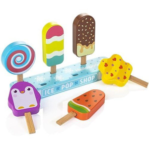 Hellowood Wooden Ice Pop Shop Pretend Play Set For Kids, 7 Pieces Realistic Ice Lolly Play Food Toys Set, Montessori Role Play Toys For Toddlers Age 2-4