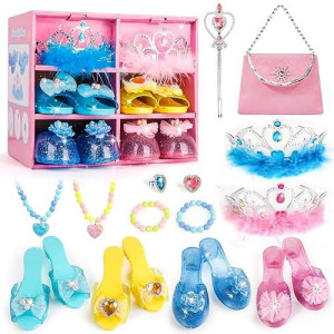 Meland Princess Dress Up Shoes - Dress Up Clothes For Little Girls - Kids Dress Up & Pretend Play With 4 Pairs Princess Shoes, Tiaras, Wand, Jewelry - Birthday For Girls 3,4,5,6 Years
