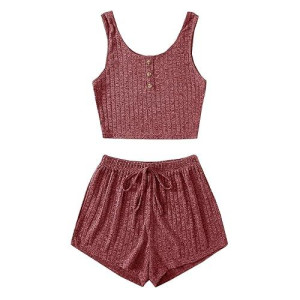 Soly Hux Women'S Button Front Ribbed Knit Tank Top And Shorts Pajama Set Sleepwear Lounge Sets Plain Red S