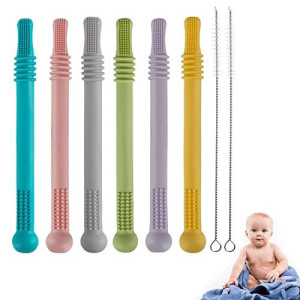Yinghezu Hollow Teether Tubes, 6 Pack Chew Straw Toy For Infant Toddlers Silicone Teething Toys For Babies, 0-6 Months 6-12 Months Bpa Free Freezable Dishwasher And Refrigerator Safe