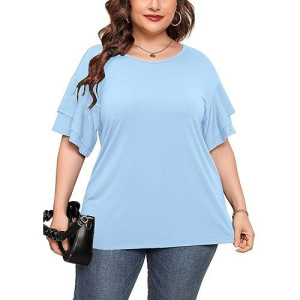Auslook Plus Size Womens Clothes Light Blue 3X Tunic Double Ruffle Short Sleeve Blouses Crewneck Clothing Tee Ladies Clothes Flowy Dressy Casual Loose Fit Outfits Maternity Summer Tops