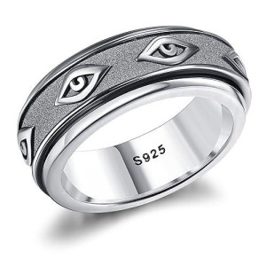 Milacolato 925 Sterling Silver Anxiety Ring For Women Men Platinum Plated Sterling Silver Band Fidget Ring Embossed Evil Eye Spinner Ring Stress Anxiety Relief Item, Size 9