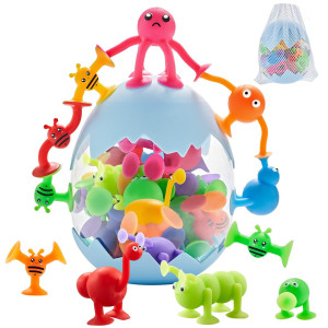 Zmzs Suction Toys For Baby, Bath Toys For Kids Ages 4-8, 40 Pieces Toddler Stress Release Sensory Toys, Suction Cup Animal With Dinosaur Eggshell Storage, Educational Gift For Boys Girls Age 3+
