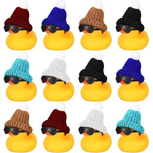 Chivao 12 Pcs Mini Rubber Ducks With Sunglasses/ Glasses And Hats/ Necklace, Cruise Rubber Ducks In Bulk Small Duck Bathtub Toy For Party Favor Christmas Stocking Stuffers(Yellow,Cute Style)