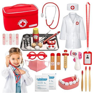 Kodatek Doctor Kit For Kids, 34 Pcs Pretend Playset Kit For Toddlers 3-5, With Doctor Costume, Real Stethoscope & Other Accessories, Dentist Kit For Kids, Toys For Boys And Girls Fun Role Playing Game